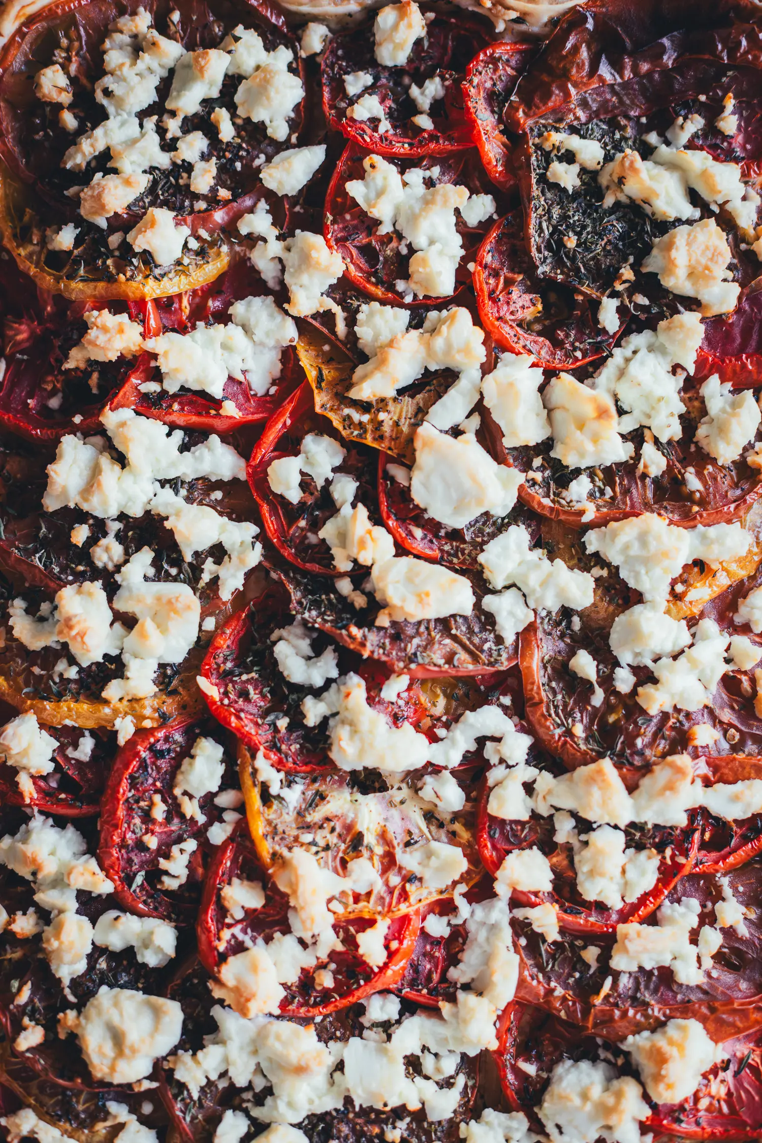 Nahaufnahme der Tomatenquiche von oben fotografiert auf den saftigen Belag mit dem knusprigen Feta.