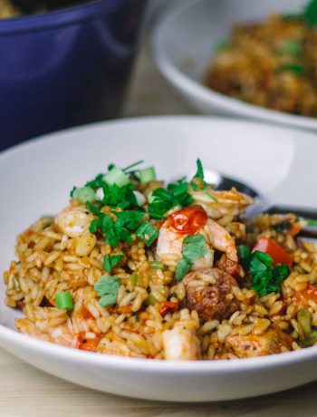 Jambalaya ist ein typisches Gericht aus der kreolischen und Cajun-Küche aus den Südstaaten der USA. Man kennt es vor allem in Louisiana. Dabei handelt es sich um ein Reisgericht mit Gemüse, Huhn, Garnelen und Wurst. Hier in einer Variante als einfaches One Pot Rezept und inspiriert von der Serie Treme. | moeyskitchen.com