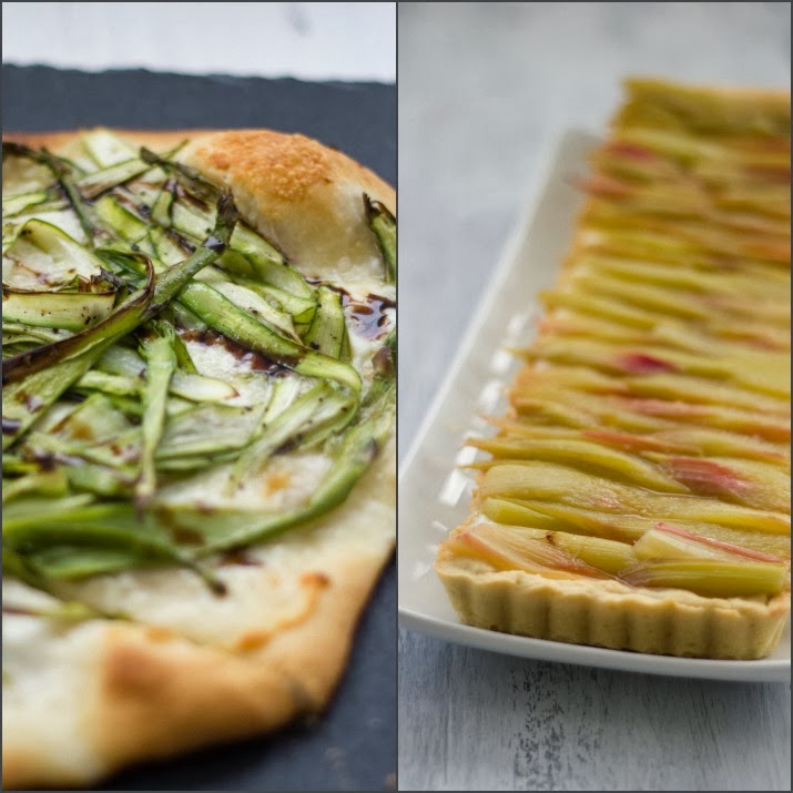 Collage aus weißer Pizza und Rhabarber-Tarte