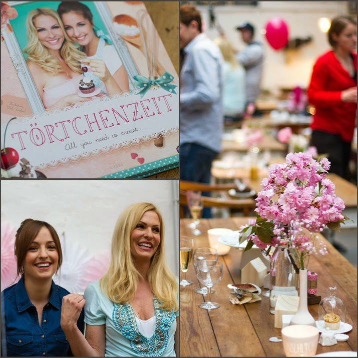 Buchparty von Törtchenzeit mit Kochbuch, Jessi Hesseler und Sonya Kraus und Tisch im Exquisit