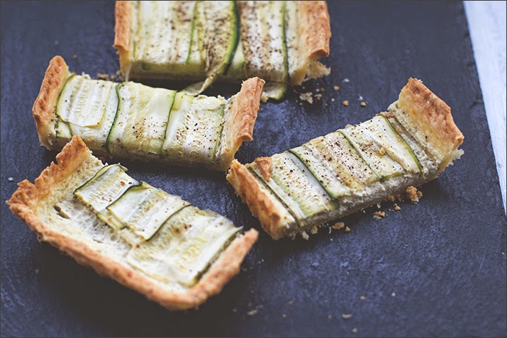 Rezept Zucchini-Tarte mit Ziegenfrischkäse und Parmesan-Knusperboden Zucchini-Ziegenkäse-Tarte, angeschnitten auf einer Schieferplatte serviert
