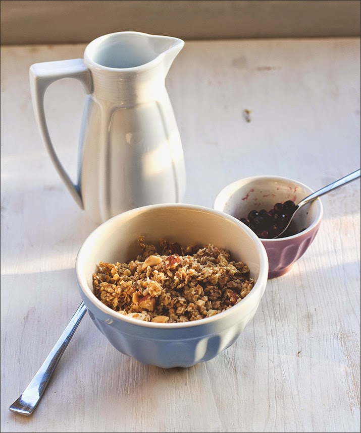 Müsli der Woche Nummer 14: Selbstgemachtes Knuspermüsli - heute: Honig-Nuss-Granola Honig-Nuss-Granola mit Blaubeeren serviert
