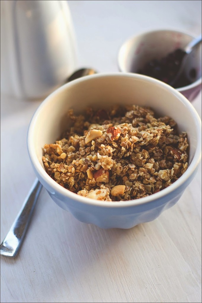 Müsli der Woche Nummer 14: Selbstgemachtes Knuspermüsli - heute: Honig-Nuss-Granola eine große Schüssel knuspriges Honig-Nuss-Granola, serviert mit Blaubeeren