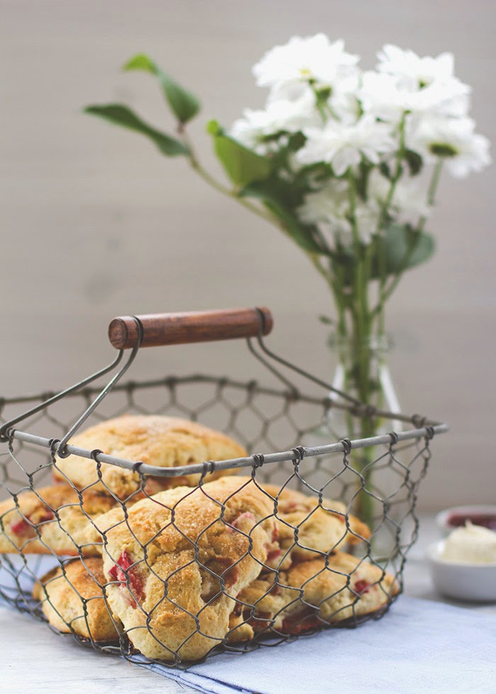 Rezept zum Sonntagsfrühstück: frische Scones mit Rhabarber und Buttermilch, serviert mit Clotted Cream und Erdbeerkonfitüre