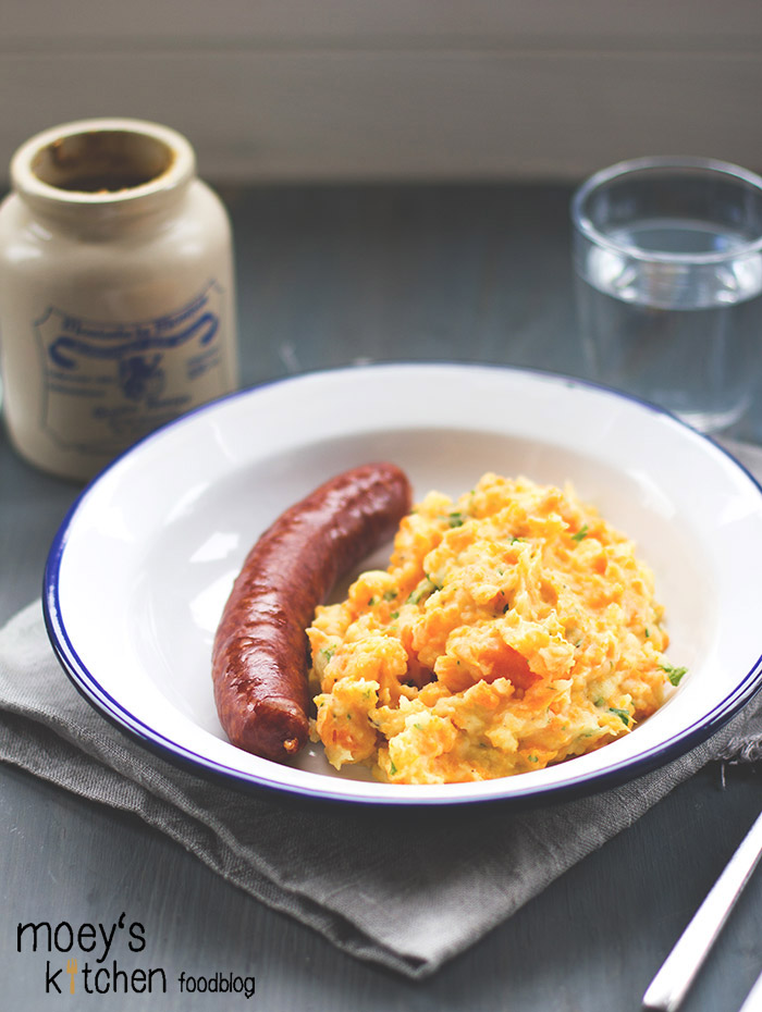 #7xregional mit REWE Regional - Gedanken zu regionalen Produkten und leckere regionale Rezepte Kartoffel-Möhren-Stampf mit Mettenden und Senf für REWE Regional #7xregional