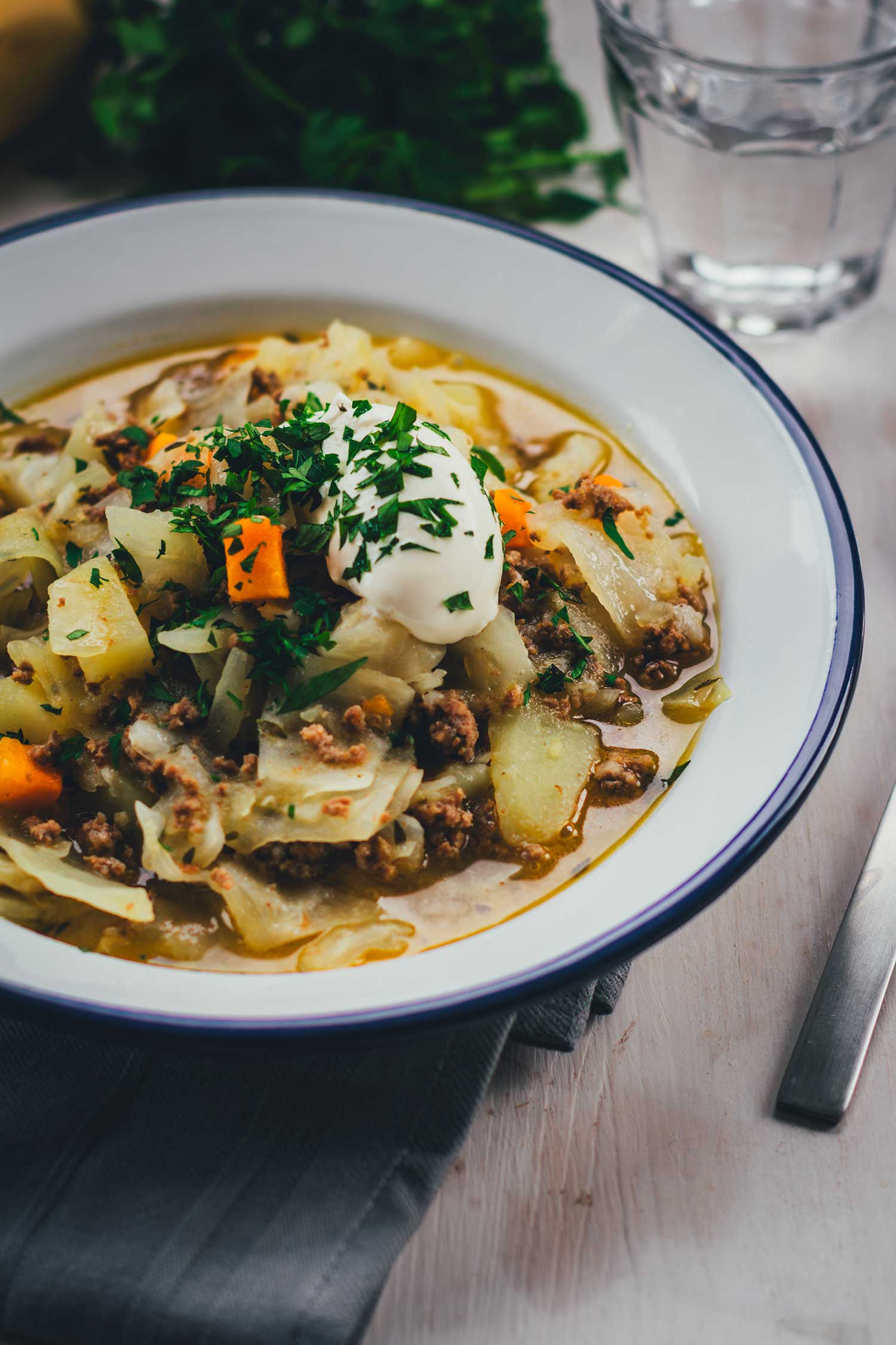 Bildanschnitt an weißem Teller, gefüllt mit Eintopf | moeyskitchen.com