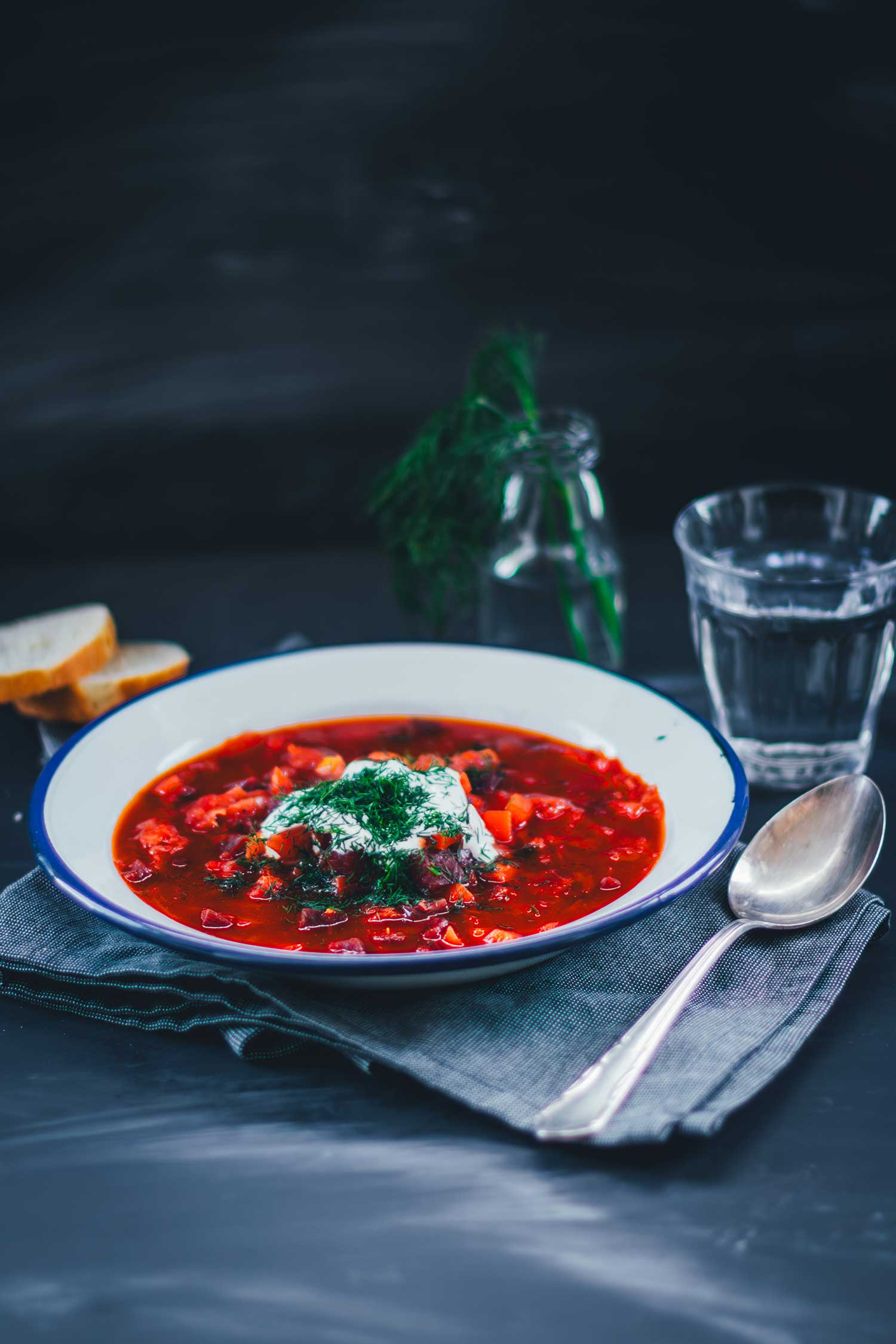 Seitliches Bild von einem Teller mit Borschtsch, serviert mit Brot und Dill | moeyskitchen.com