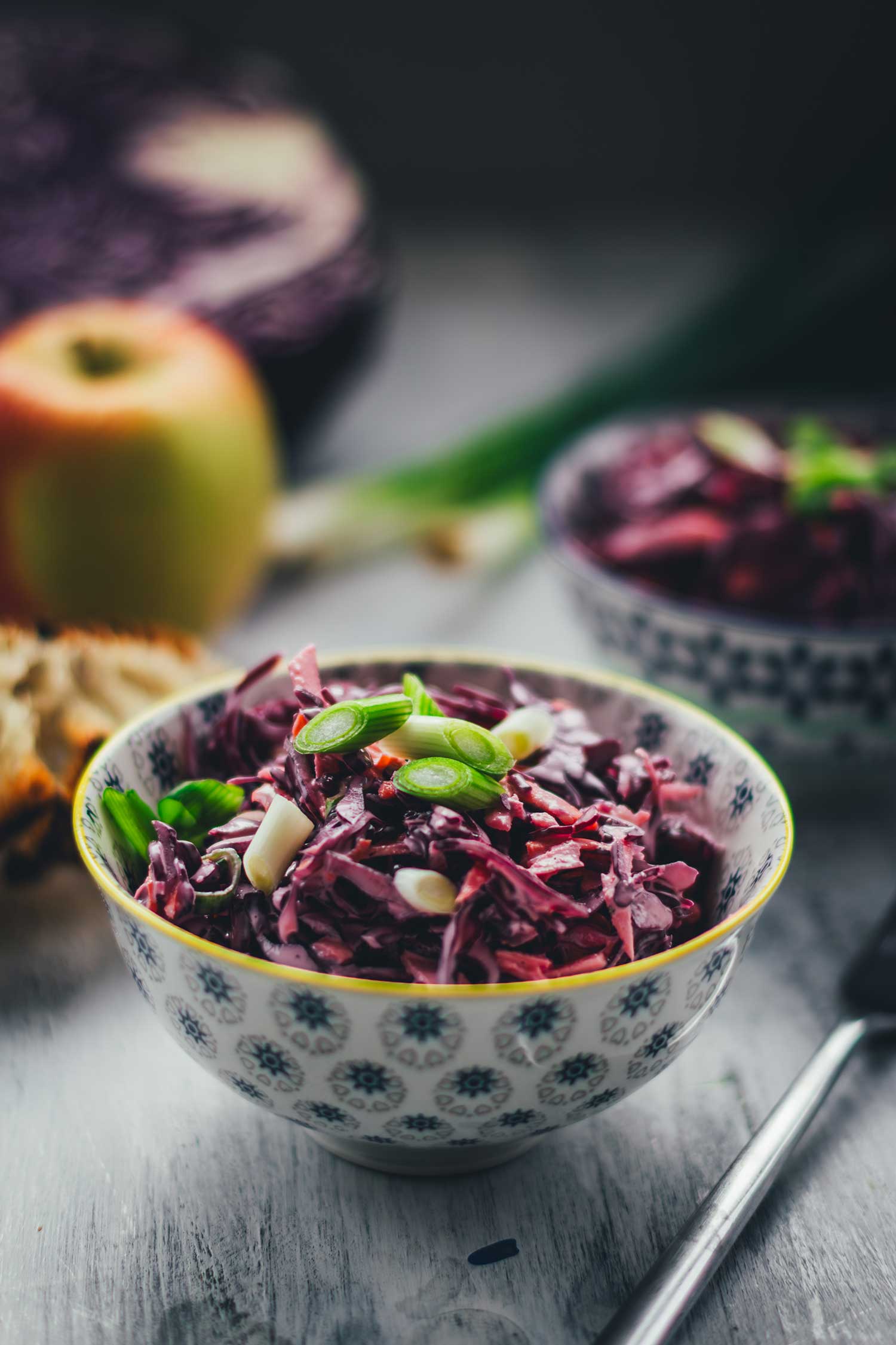 Cremiger Krautsalat aus Rotkohl mit Apfel und Frühlingszwiebeln