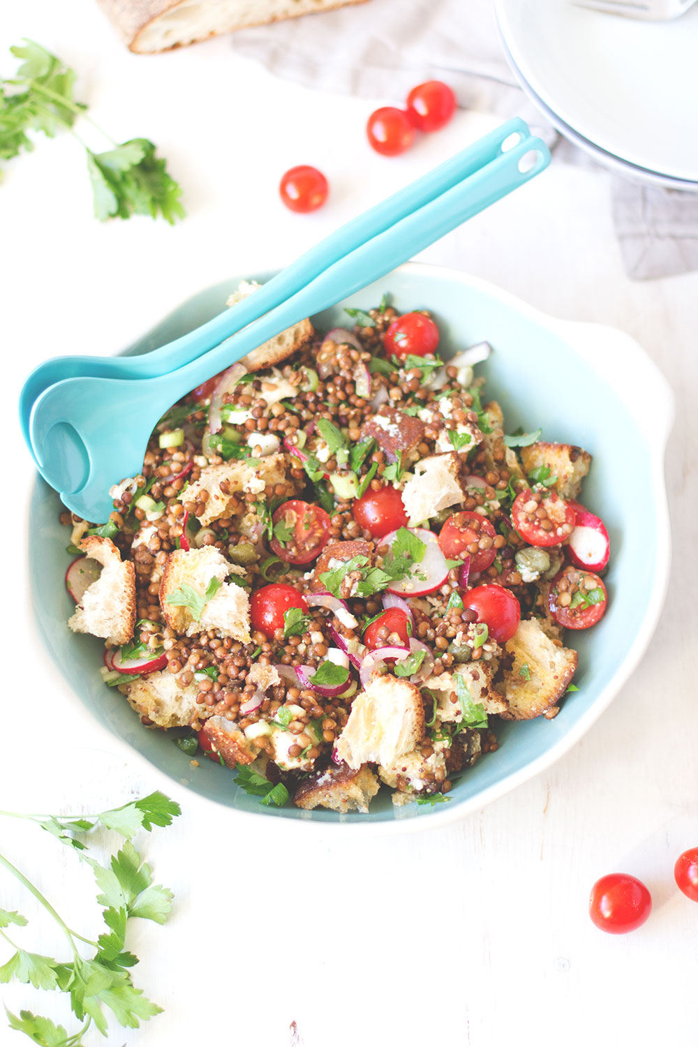 Mediterraner Linsensalat mit Ciabatta, Tomaten und Mozzarella - sommerliches Feierabend-Rezept | moeyskitchen.com