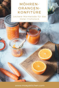 Rezept für leckere Möhren-Orangen-Konfitüre. Die Marmelade ist der perfekte Hingucker beim Osterfrühstück oder Osterbrunch und ist ein perfektes Geschenk aus der Küche zu Ostern! Dazu benötigt man nur 3 Zutaten! | moeyskitchen.com #ostern #osterfrühstück #osterbrunch #geschenkeausderküche #marmelade #konfitüre