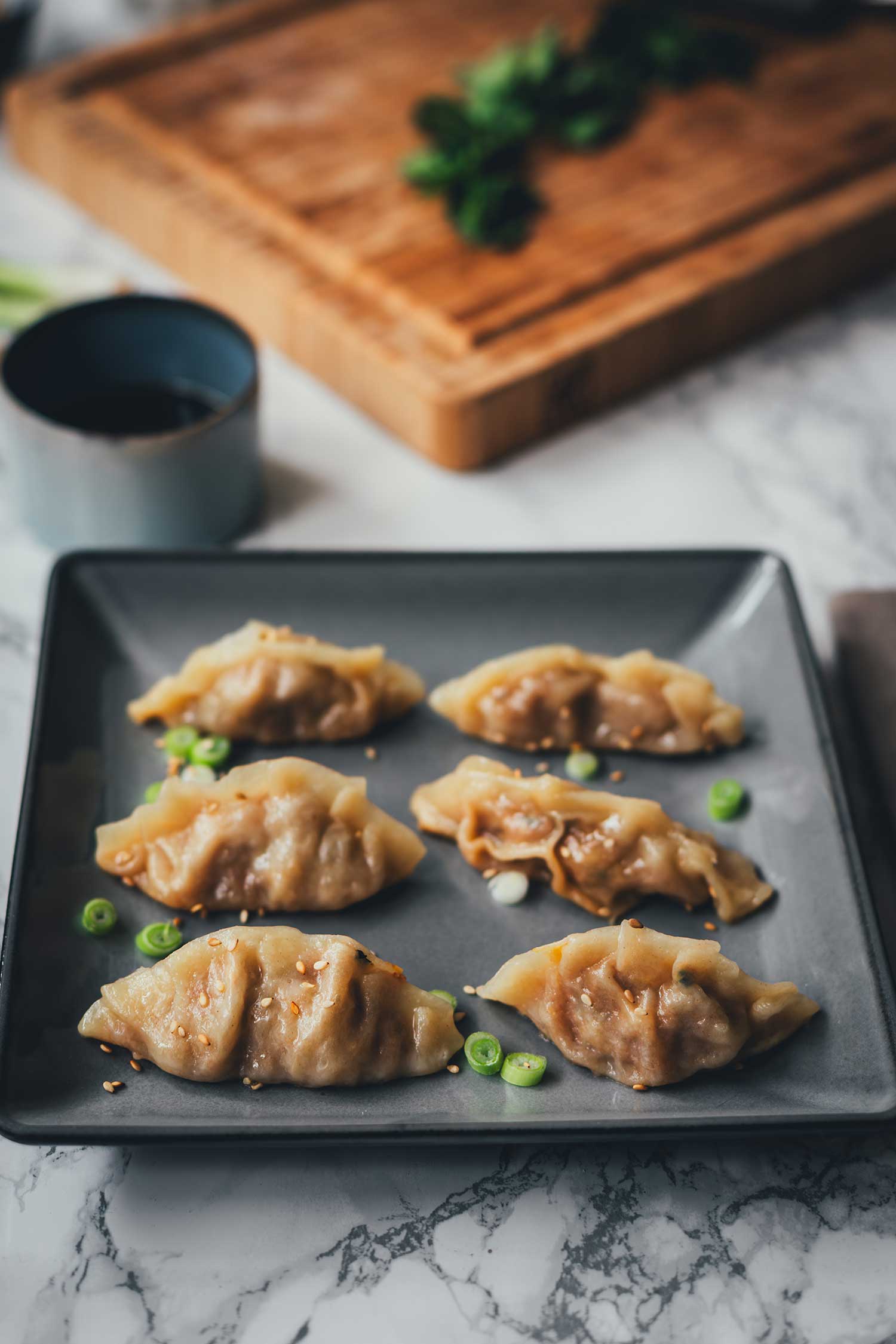 Knusprig gebratene japanische Gyoza auf grauem Teller