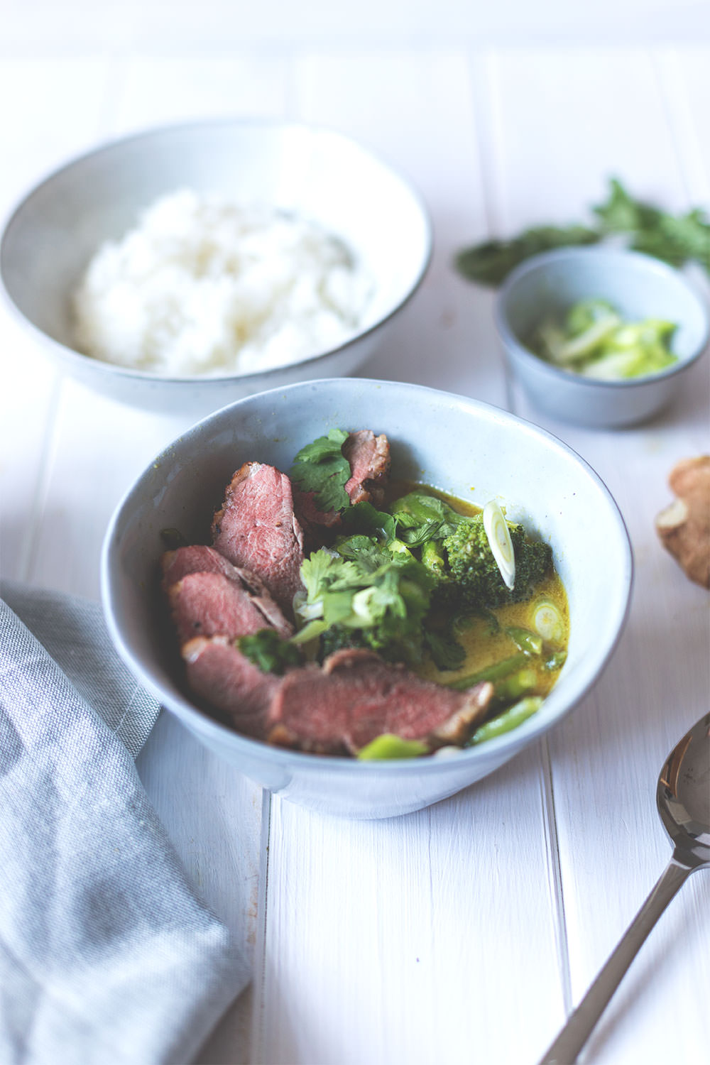 Rezept für einfaches grünes Thai-Curry mit knuspriger Entenbrust, grünen Bohnen, Brokkoli, Frühlingszwiebeln und Koriander | Saisonal schmeckt's besser | moeyskitchen.com