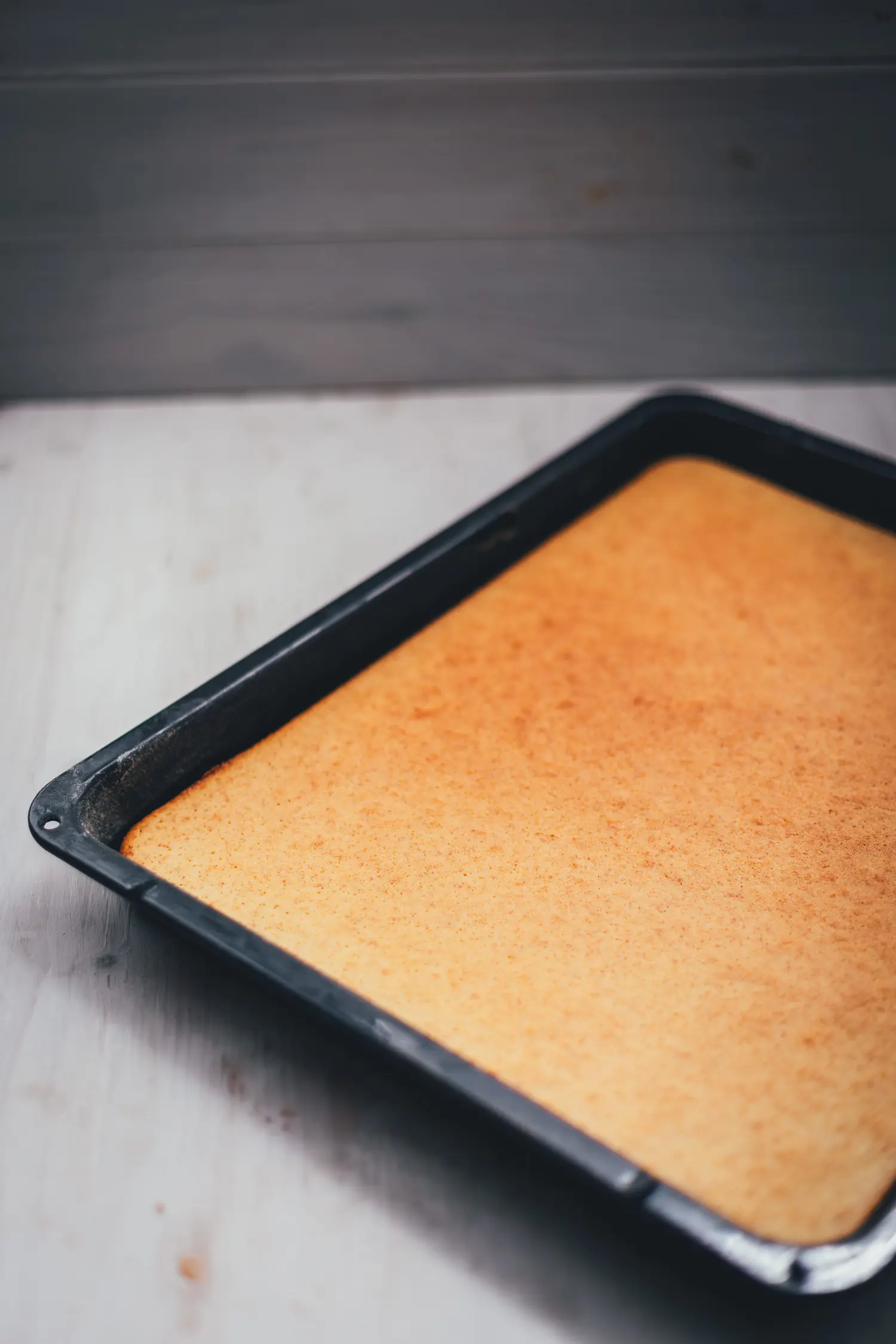 Frisch gebackener Hot Milk Sponge Cake als goldener, gleichmäßiger Boden auf dem schwarzen Backblech.