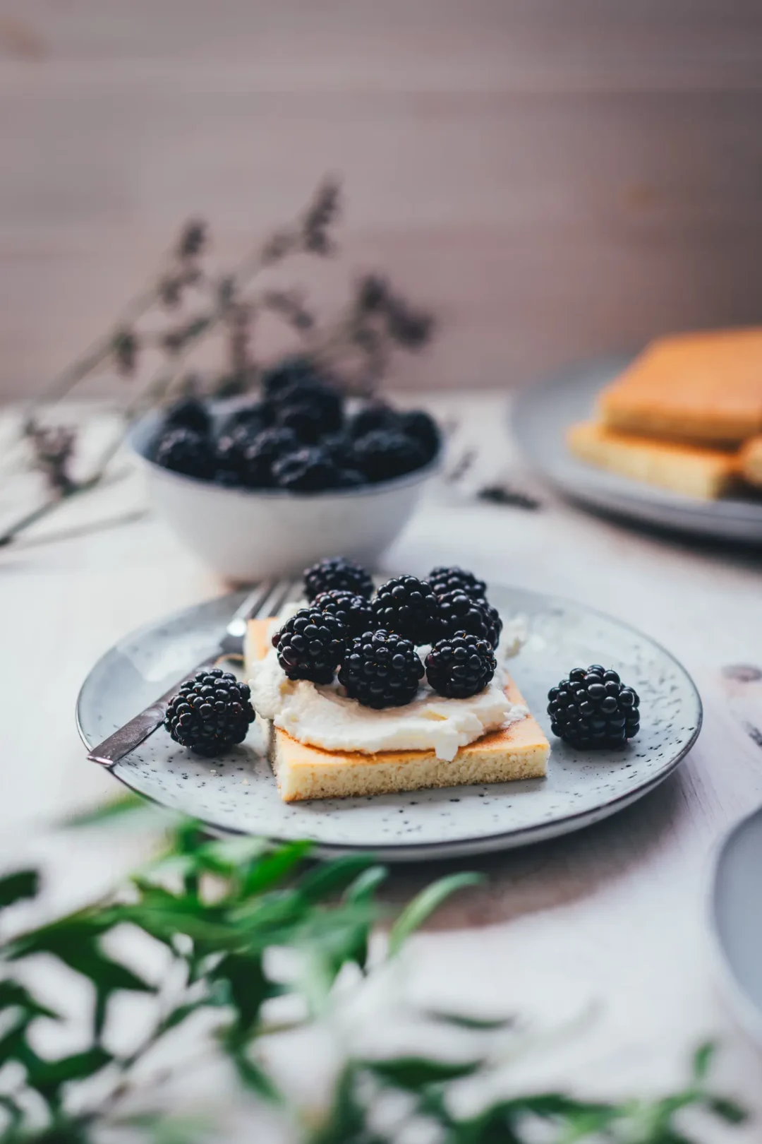 Saftiges Stück Hot Milk Sponge Cake, üppig mit Mascarpone-Creme und frischen Brombeeren belegt, auf einem gesprenkelten Teller.