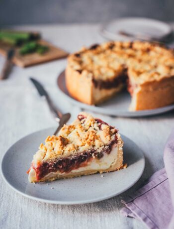 Nahaufnahme eines Stücks Rhabarber-Käsekuchen mit Streuseln, Quarkfüllung und Rhabarberkompott sichtbar