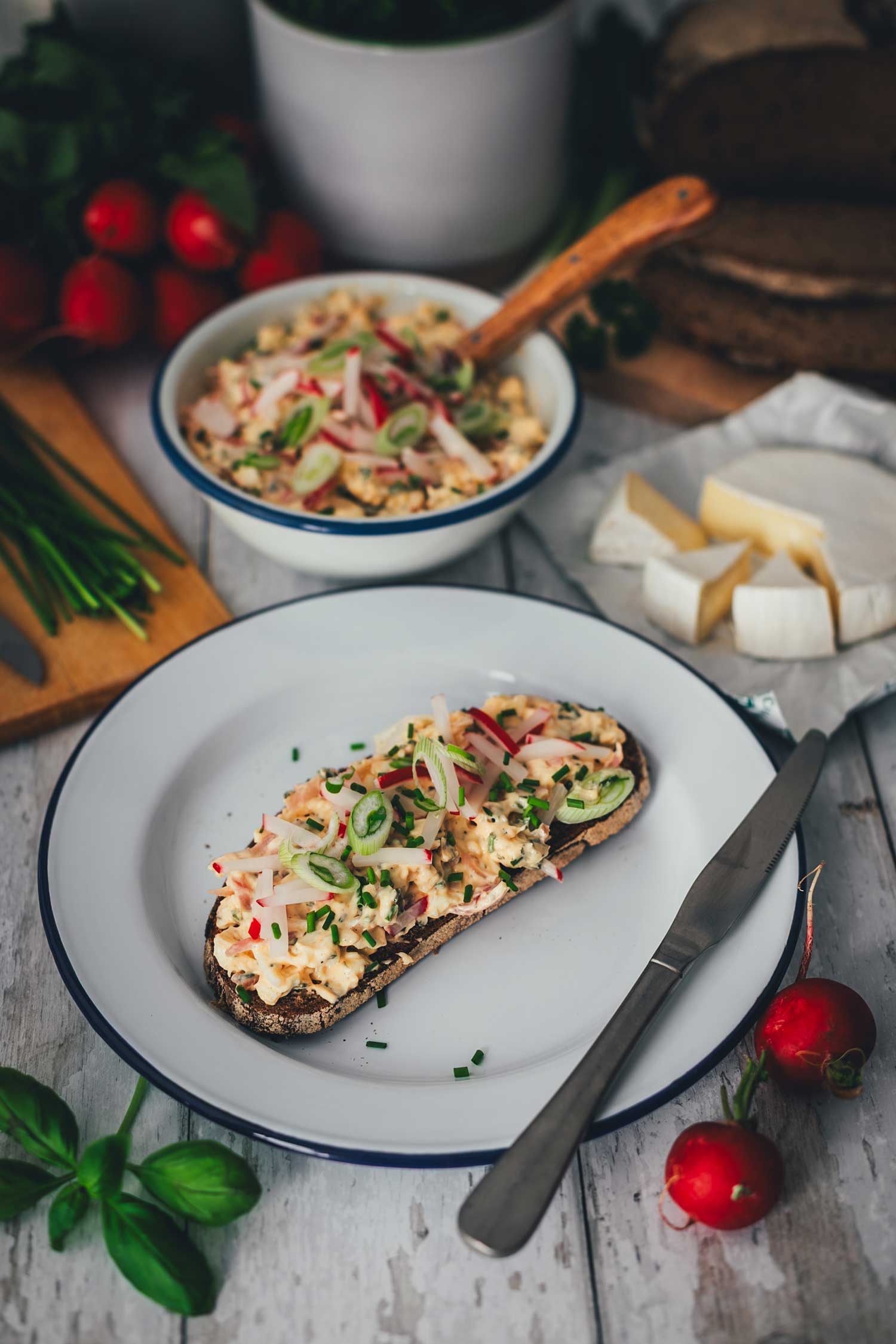 Eine Scheibe dunkles Sauerteigbrot, großzügig bestrichen mit Frühlings-Obatzda und garniert mit frischen Radieschenstiften und Schnittlauch. Im Hintergrund sind die Schüssel mit dem Aufstrich, Camembert-Ecken und frische Kräuter zu sehen.
