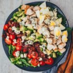 Cobb Salad von oben fotografiert, mit Hähnchen, Bacon, Ei, Avocado, Tomaten und Blauschimmelkäse in Reihen auf dunklem Teller angerichtet.