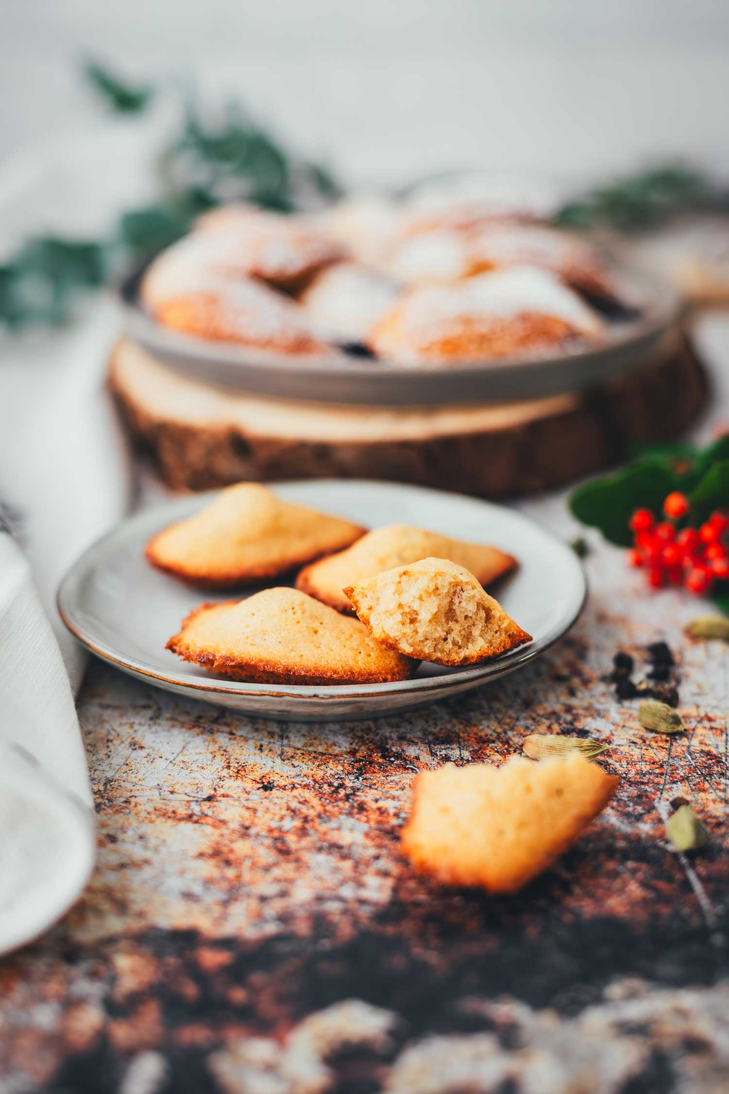 Seitliche Ansicht von einem abgebrochenen Stück Madeleine, im Hintergrund ein Teller mit mehreren Madeleines und dahinter ein Teller mit Puderzucker | moeyskitchen.com