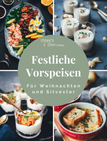 Collage aus vier festlichen Vorspeisen für Weihnachten und Silvester: winterlicher Nizza-Salat mit Pulled Lachs, cremige Riesling-Sekt-Suppe im Glas, Lachs-Trifle mit Honig-Senf-Sauce und französische Zwiebelsuppe mit überbackenem Käsebrot