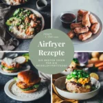 Collage mit Airfryer-Rezepten: Crispy Lachs Bowl, Churros, Chicken Burger und Kumpir-Backkartoffel aus der Heißluftfritteuse.