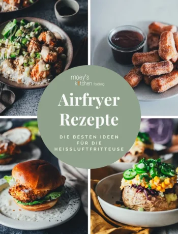 Collage mit Airfryer-Rezepten: Crispy Lachs Bowl, Churros, Chicken Burger und Kumpir-Backkartoffel aus der Heißluftfritteuse.