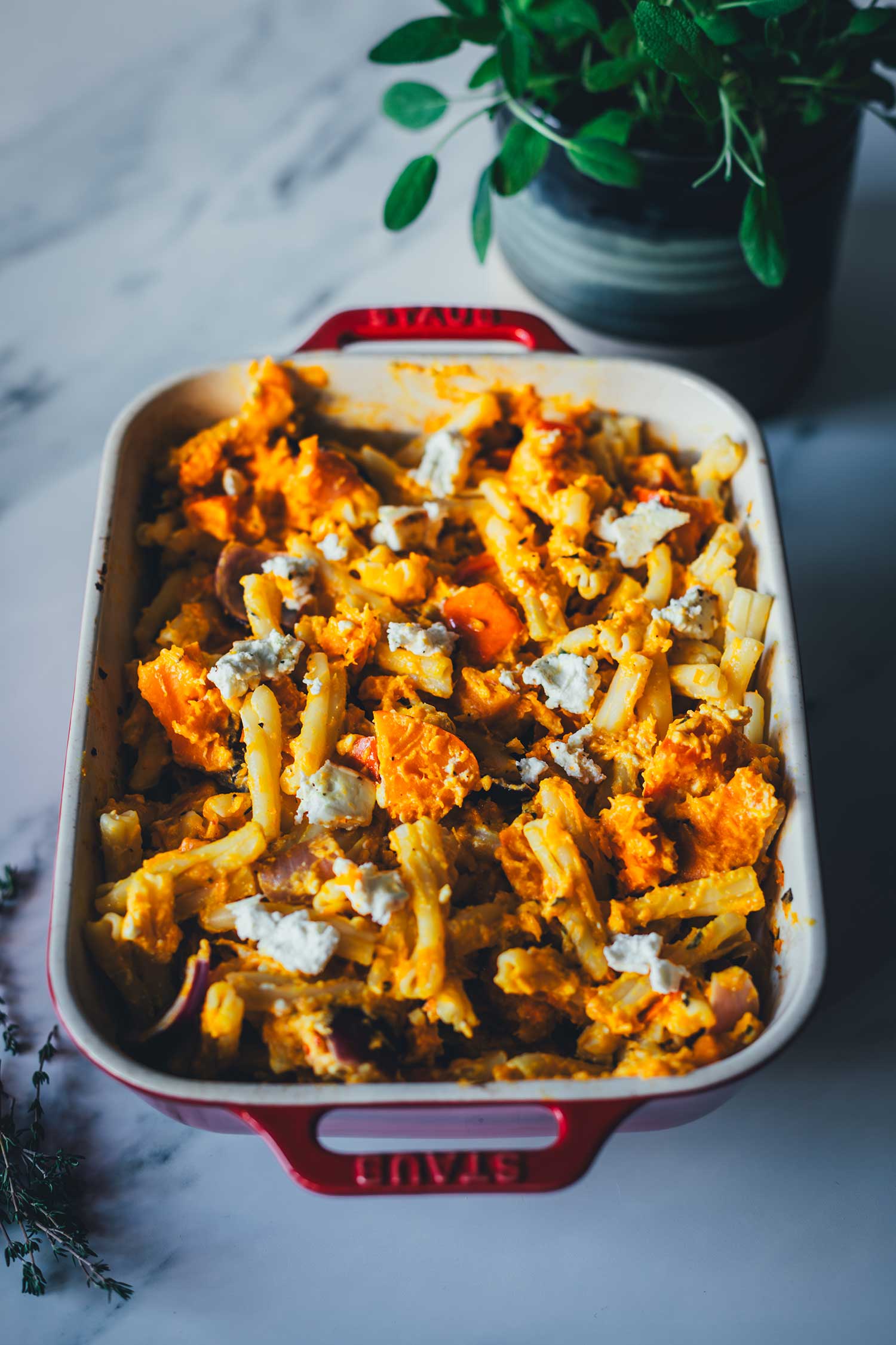 Seitliche Aufnahme eines cremigen Pastagerchts in einer Auflaufform: Pasta mit Kürbis und Feta | moeyskitchen.com