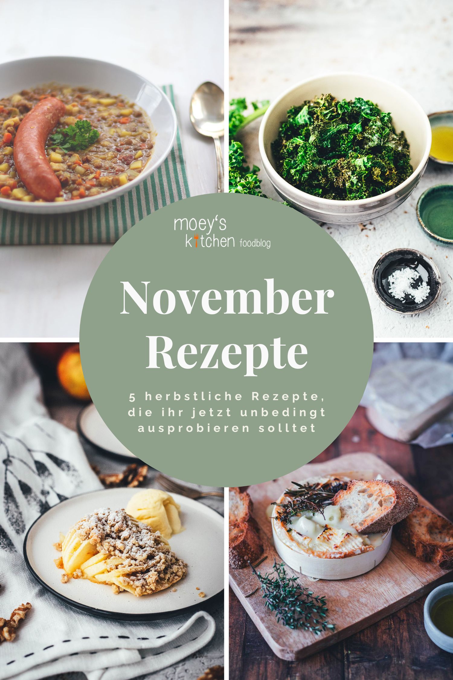 Collage meiner besten November-Rezepte mit Linsensuppe, Grünkohl-Chips aus dem Airfryer, Hasselback-Bratapfel und Camembert-Ofenkäse aus der Heißluftfritteuse | moeyskitchen.com