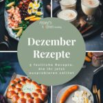 Collage mit vier festlichen Dezemberrezepten: winterlicher Nizza-Salat mit Pulled Lachs, cremiger Eggnog im Glas, herzhafter Brioche-Kranz mit Camembert sowie klassischer Kartoffelsalat mit Würstchen