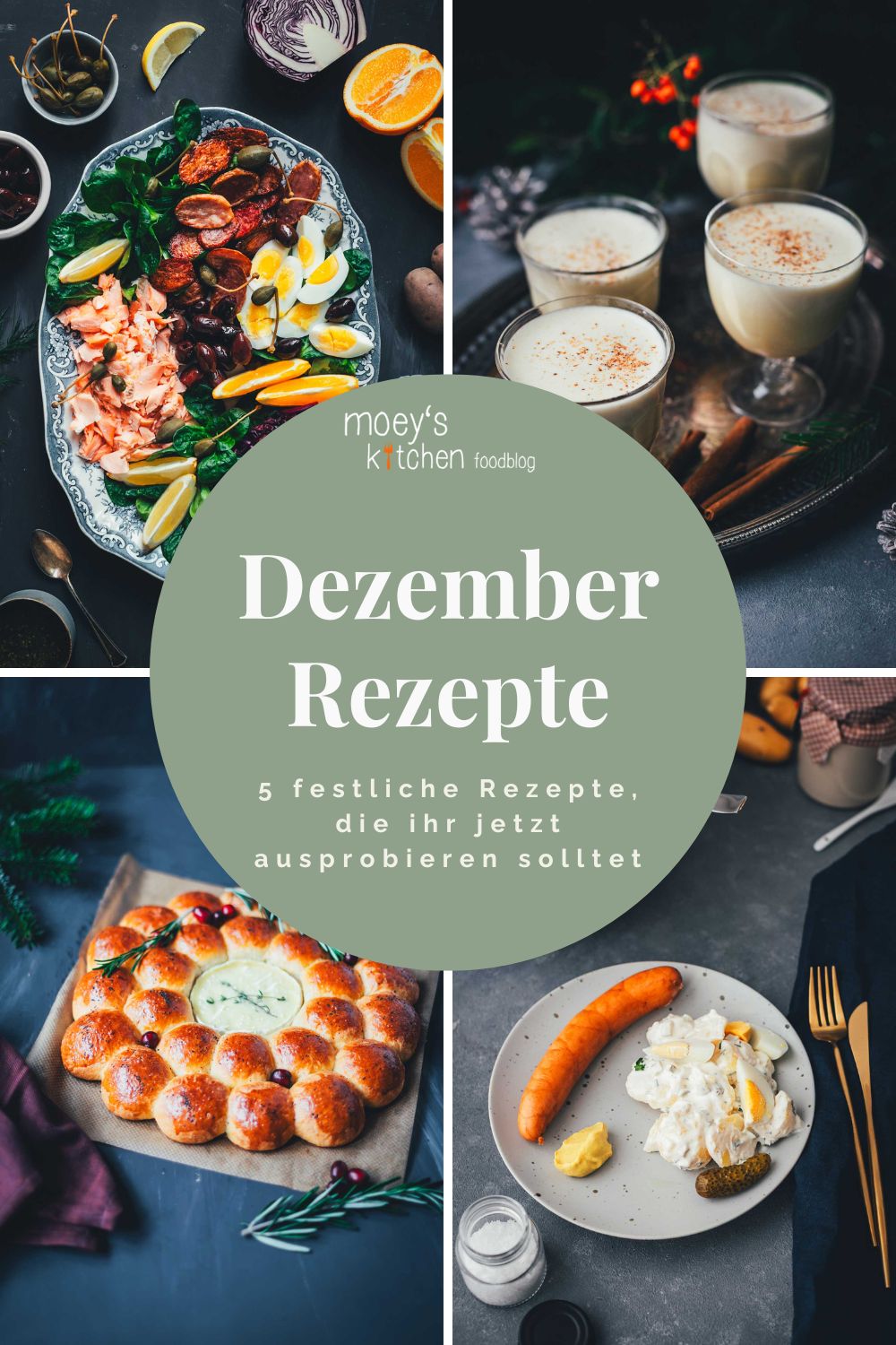 Collage mit vier festlichen Dezemberrezepten: winterlicher Nizza-Salat mit Pulled Lachs, cremiger Eggnog im Glas, herzhafter Brioche-Kranz mit Camembert sowie klassischer Kartoffelsalat mit Würstchen