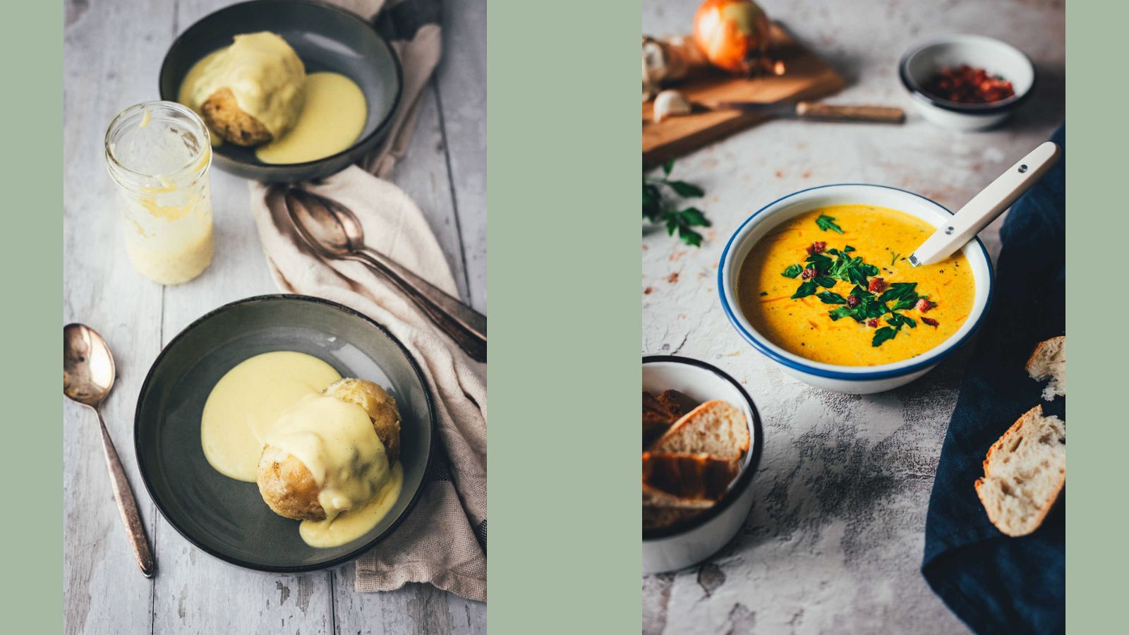 Zwei meiner liebsten Rezepte im Februar: Links eine Portion fluffige Dampfnudeln mit Vanillesauce und rechts eine Schale cremiger Corn Chowder mit frischen Kräutern, präsentiert in einer harmonischen 16:9 Zusammenfassung.