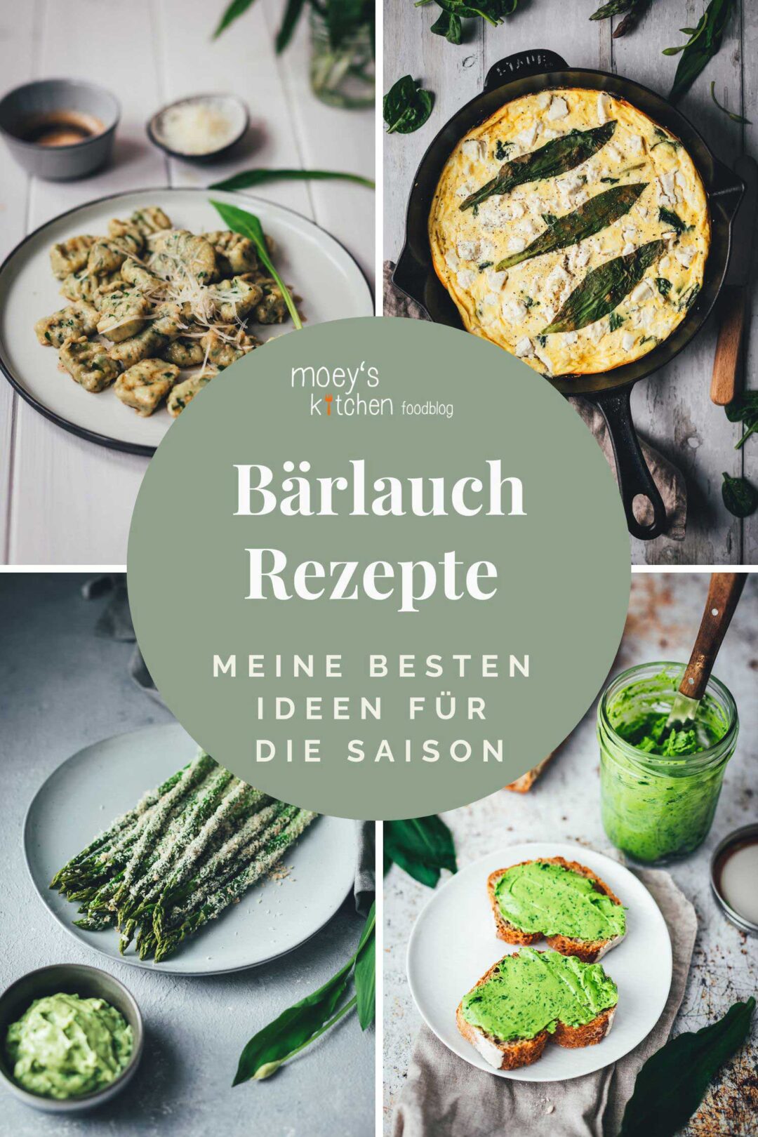 Collage meiner Bärlauch-Rezeptsammlung mit einer Übersicht über verschiedene Rezepte, die in diesem Sammelbeitrag vorgestellt werden.