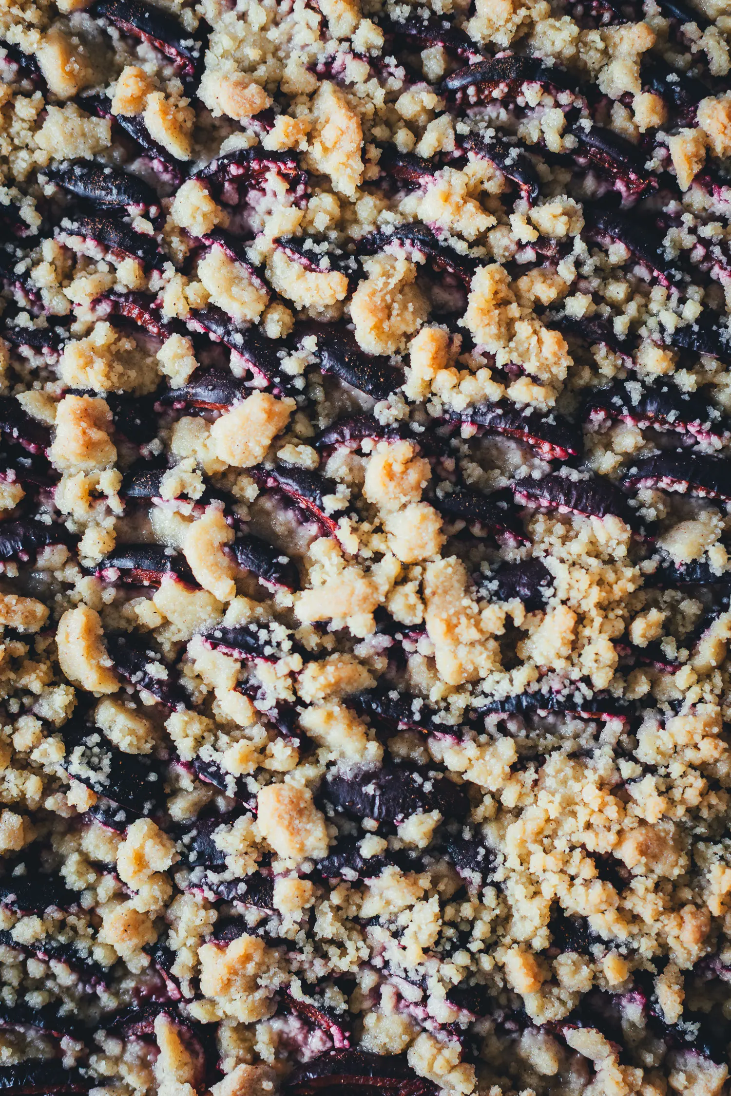 Topshot-Nahaufnahme vom frisch gebackenen Zwetschgenkuchen mit Streuseln.