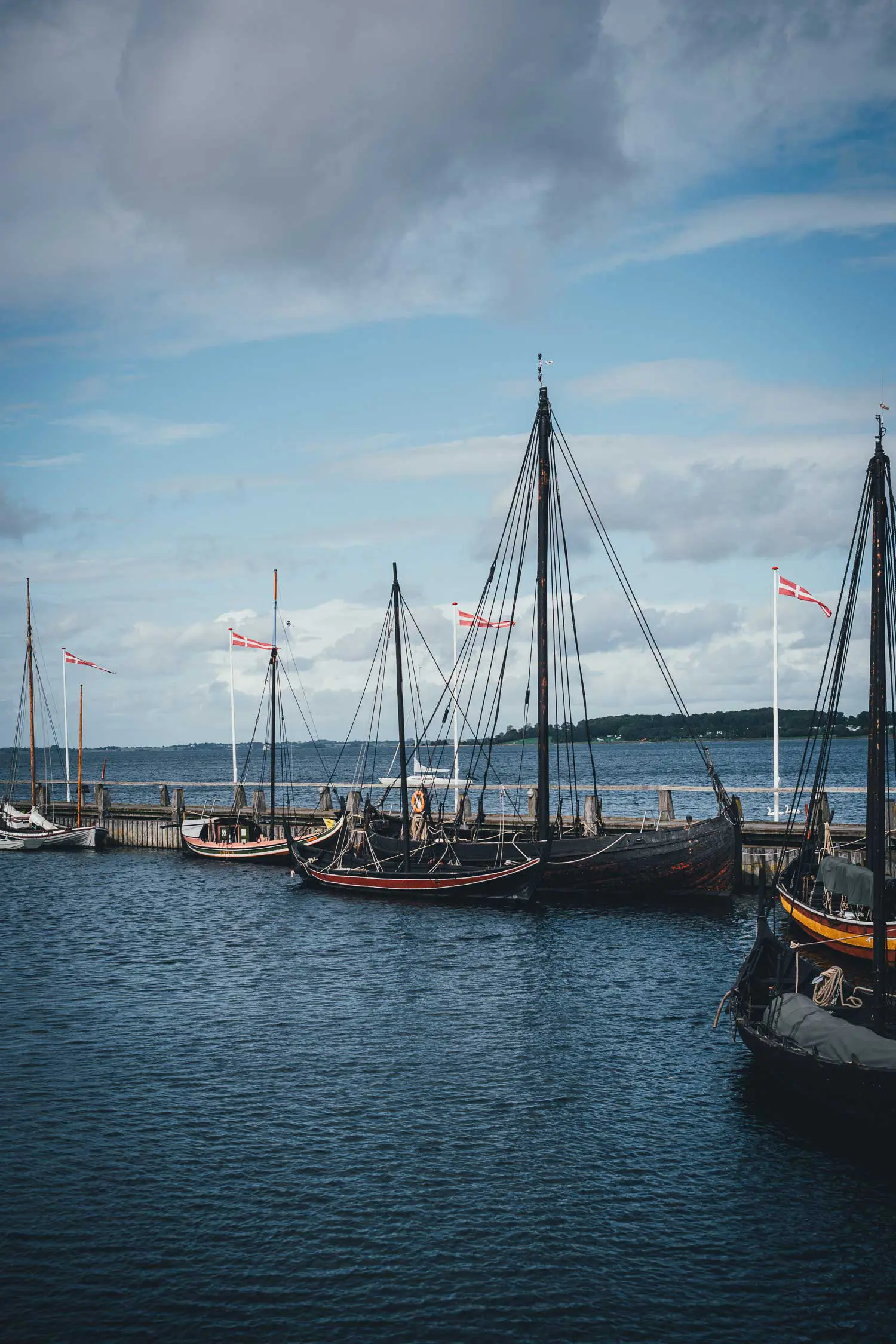 Mehrere Holzschiffe liegen am Steg des Museumshafens am Roskilde Fjord, an weißen Masten wehen dänische Flaggen, am Horizont das gegenüberliegende Ufer